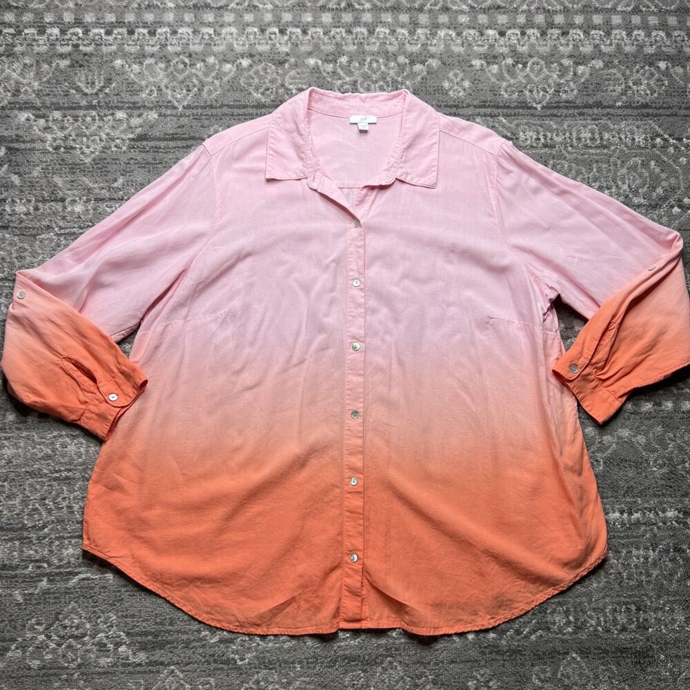 J Jill Linen Blend Pink Ombre Button Up Shirt Top Womens 2X Roll Tab Sleeve